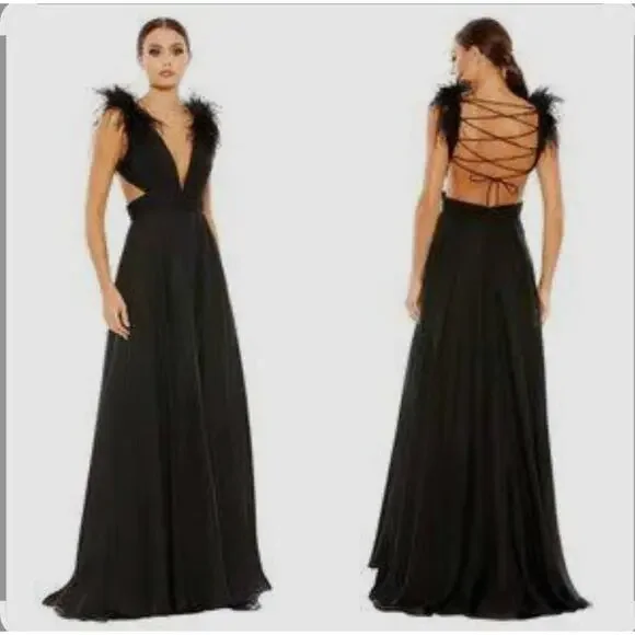 Mac Duggal 68113 black plunge faux ostrich feather A-line gown Size 4 Formal - Picture 2 of 15